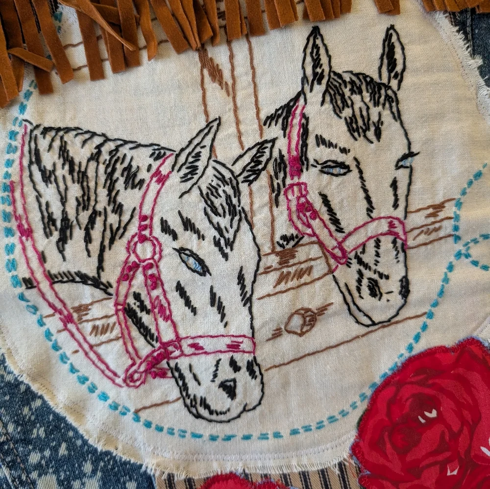Upcycled Cowgirl Denim Vest w vintage embroidered horses, HANDMADE ITEM - Picture 3 of 6